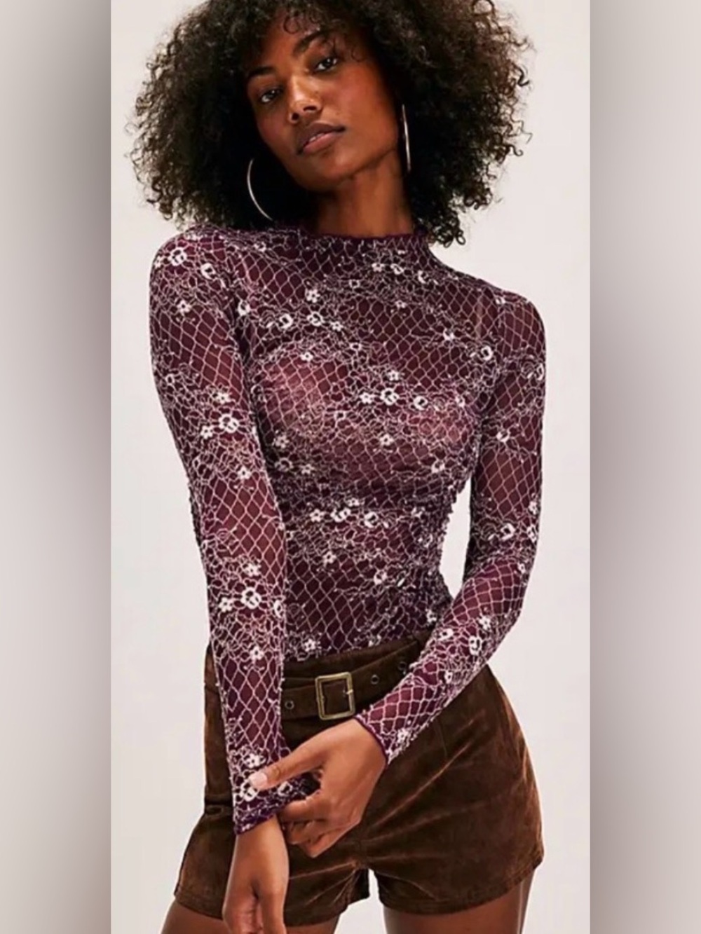 NWT. Free People French Kiss Layering Lace Ruched High Neck Top. XS. Amaranth.